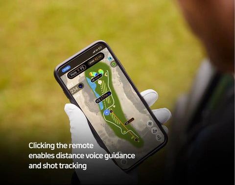 Golf app displaying distances on screen with Magnetic Golf GPS Speaker With 20W Woofer And 10W Tweeter, golf course map visible