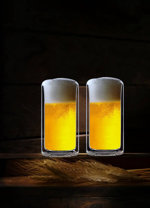 Hella Clear Double Wall Highball Glasses Set Of 2 Badass 13 Oz Thermal Insulated Drinkware For Beer Coffee Juice Smoothies And Cocktails, filled with beer.