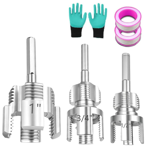 All In One Pipe Threader And Tapping Kit For Half Inch, Three Quarter Inch, And One Inch Dies Works With Electric Drills Internal And External NPT Threads Pro Grade Heavy Duty Carbon Steel For Plumbers And Home DIY showing dies, gloves, and tape.