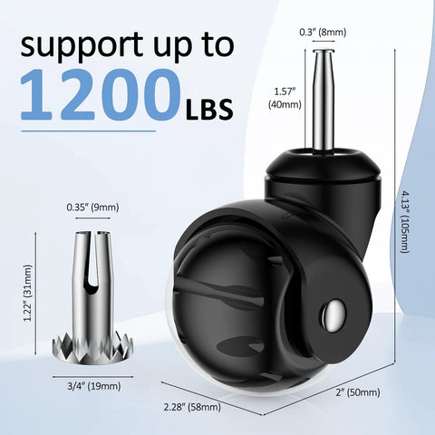 2-inch ball caster wheels with stems, set of 4, black polyurethane, 360° swivel, 1200 lb capacity