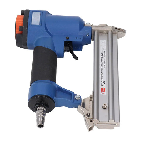 Real Deal 18 Gauge Pneumatic Brad Nailer For Serious Carpentry And Upholstery Jobs Air Powered Nailing Tool side view with nozzle and trigger.