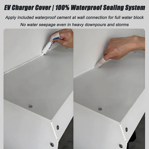 Applying waterproof cement to EV Charger Cover Wall Mount Weatherproof Shield Rust Proof Metal Enclosure for full water block.