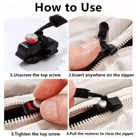 Zipper Repair Kit With 12 Replacement Pulls In 3 Sizes Quick Install Detachable Pulls No Sewing Needed For Jackets Luggage And Bags Black Durable Easy To Use Kit For Home Travel And Outdoor Gear Replacement Needs showing installation process on zippers