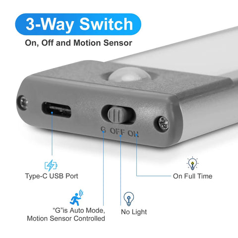 Slim USB Rechargeable 30 LED Under Cabinet Lights 3-way switch detail for kitchen cupboard installation
