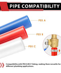 Pack Of 10 Half Inch Pex Brass Full Port Shut Off Ball Valve For Hot And Cold Water With Red And Blue Handles UPC Certified ASTM F1807 NSF ANSI 61 DZR Brass Corrosion Resistant Compatible With Stainless Steel Clamp And Copper Crimp Ring shown with PEX A/B/C tubing, red, white, blue pipes