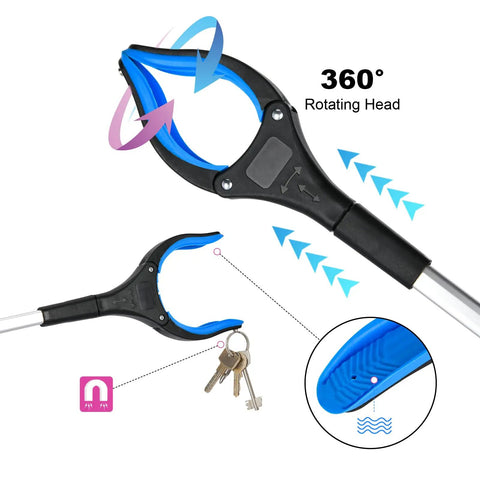 32-Inch Grabber Reacher Tool Set With 360-Degree Rotating Head, Wide 4-Inch Claw, Foldable Grabber For Seniors, Anti-Slip Grip, No Bend Needed For Floor, Trash, Shelves And Car Seats, Blue
