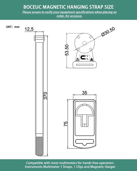 Diagram of Magnetic Hanging Strap for Fluke Multimeters with dimensions and mounting details