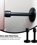 Black wall-mounted door stopper next to a wooden door, labeled with 'Simple and Practical'. Two Pack Stainless Steel Door Buffer Stopper For Wall Protection And Door Bump Prevention No Drill Installation For Office Home Store Use Magnetic Mount.