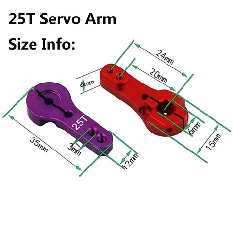 5 Pack 25T Aluminum Servo Horns With M3 Threads for RC Cars with size measurements in red and purple colors