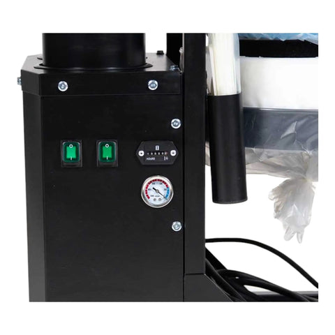 Control panel of HD2 Two Motor HEPA Dust Collector with switches and pressure gauge for monitoring performance.