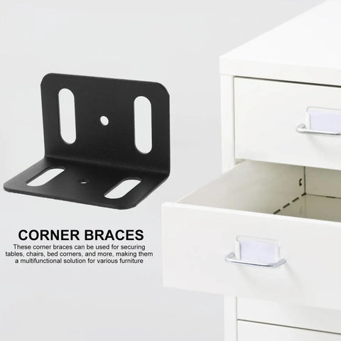 Beefy Heavy Duty L Shape Iron Corner Bracket Set 4 Pieces Right Angle Shelf Braces shown with a white drawer for tables and bed frames