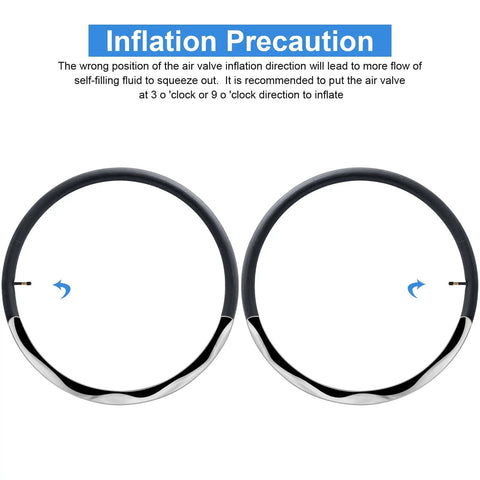 Two Pack 700C Self Sealing Bike Tubes 35C To 43C with AV48mm Valve showing inflation direction guidance