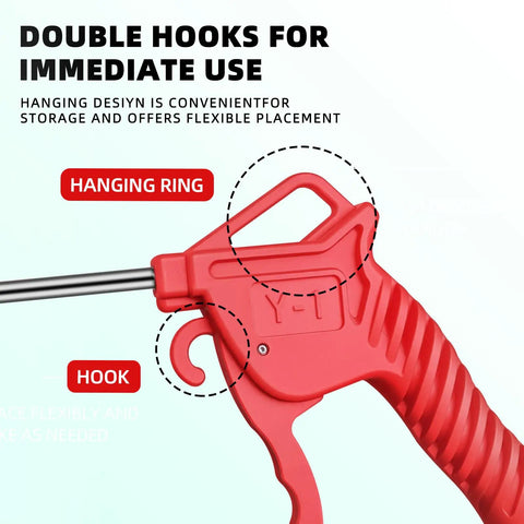 High Velocity Air Blow Gun With Shielded Rubber Nozzle For Rapid Debris Removal And Auto Detailing features double hooks for easy storage.