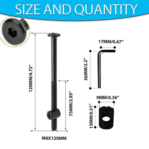 Diagram showing 12 Pack M6x120mm Hex Drive Socket Cap Bolts With Barrel Nuts For Bunk Beds Cribs Cots And Furniture Hardware Kit Includes Wrench Black Finish Easy Install And Durable Steel Construction with measurements.