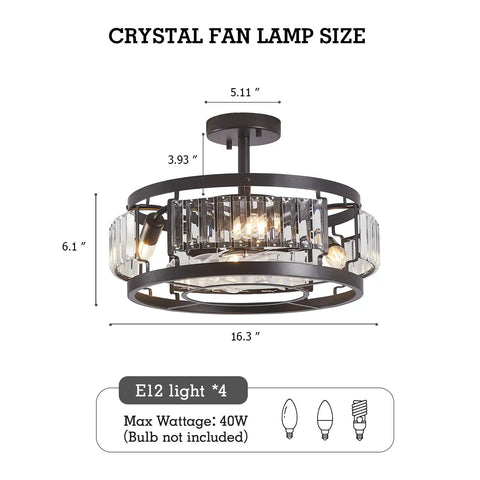 Industrial Crystal Ceiling Fan With Lights, Flush Mount Low Profile Ceiling Fan For Bedroom Kitchen Dining, Reversible DC Motor, Farmhouse Style with size details