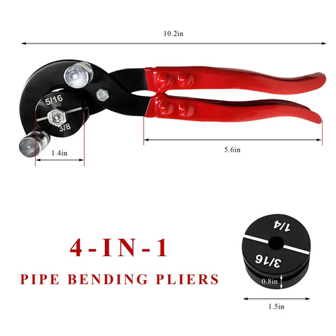 Fkewp Pro 4 In One Tube Bending Pliers With Adapters For 3/16 1/4 5/16 3/8 Copper Brake Lines, showing dimensions and rubber handles.
