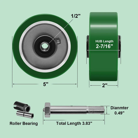 Rock Solid Five Inch By Two Inch Industrial Casters Set Of Four Features Thick Polyurethane Tread On Sturdy Aluminum Wheel With Roller Bearing For Seamless Heavy Haulin dimensions and roller bearing.