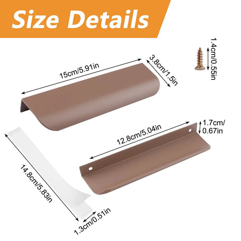 8 Pack Concealed Drawer Pulls With Curved Aluminum Alloy Edge Design, detail view with dimensions and screws