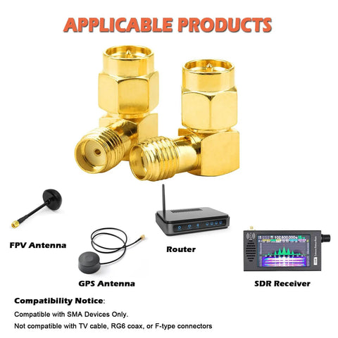 4 Pack SMA 90 Degree Male To Female Coax Adapters Kit For Antennas, Two Way Radios, Gold plated brass adapters