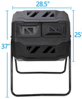 43 Gallon Dual Chamber Compost Tumbler With 360 Degree Rotating Bin, 28.5 inches width, 37 inches height, black front view.