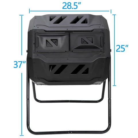 43 Gallon Dual Chamber Compost Tumbler With 360 Degree Rotating Bin, 28.5 inches width, 37 inches height, black front view.