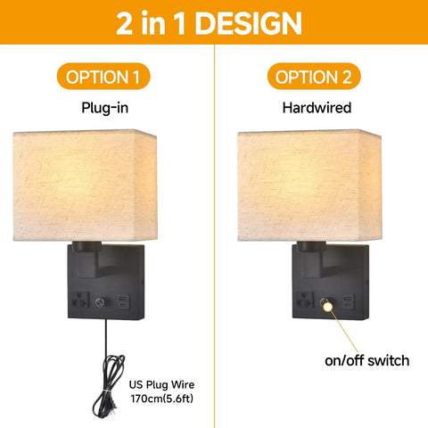 Plug In Wall Sconce Hits Different With Touch Dimmer, showing plug-in and hardwired options with matte black metal base.