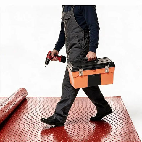 Person walking on Heavy Duty Insulating Rubber Electrical Safety Mat Built Like A Tank For Real Deal High Voltage Protection and Slip Resistant Flooring, carrying toolbox and drill.