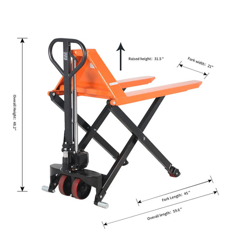 Heavy Duty Manual Scissor Pallet Jack Hand Truck Lift 2200lbs Capacity, 45in Long Forks By 21in Wide with raised height measurements