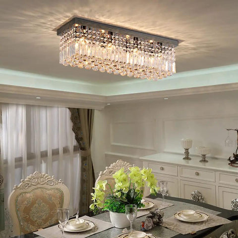Eight Light Rectangle Crystal Chandelier In Black Finish With Clear K9 Crystals Modern Ceiling Light Fixture Lit in Dining Room