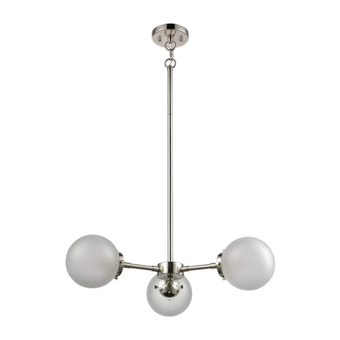 Boudreaux 26 Inch Wide Slick Three Light Chandelier With Polished Nickel Finish, Frosted Glass, Adjustable Height Up To 46 Inches