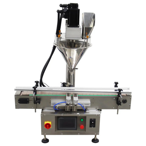 Slick Automatic Desktop Filler For Powders And Granules Featuring Chain Conveyor And Digital Scale 110V, stainless steel design.