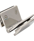 Rock Solid Double Sided Hinge For Frameless Glass Shower Door Stainless Steel Flat Polished Finish, close-up view.
