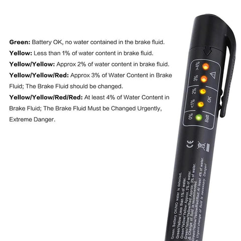 Side view of black handheld brake fluid tester with five LED indicators along the front panel.