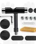 All In One Skate Tool Kit With T Type Allen Key And L Type Phillips Head Wrench Abrasive Cleaning Cube and parts.