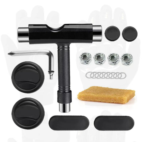 All In One Skate Tool Kit With T Type Allen Key And L Type Phillips Head Wrench Abrasive Cleaning Cube and parts.