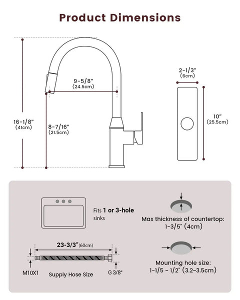 DAYONE Black Square Kitchen Faucet - Modern Pull-Down Sprayer with 2-Mode Kitchen Sink Faucet dimensions diagram with measurements.