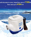 Automatic Submersible Bilge Pump For Boats, 12V 1100 GPH With Built-In Float Switch, 1-1/8 Inch Outlet on water background