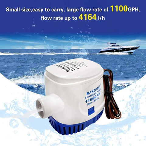 Automatic Submersible Bilge Pump For Boats, 12V 1100 GPH With Built-In Float Switch, 1-1/8 Inch Outlet on water background