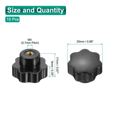 Seven Point Star Grippy Knobs M4 Thread Clamp Handles Black Pack Of 10 With Brass Insert, M4 0.7mm pitch, 25mm head size dimensions image