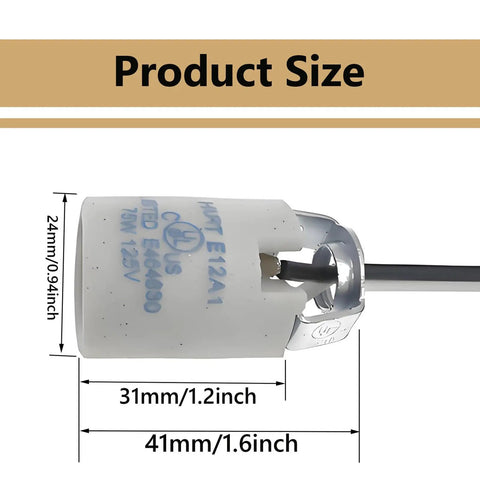 Top Shelf E12 Candelabra Ceramic Socket With 10 Inch Pigtail Wires UL Certified showing detailed dimensions and specifications.