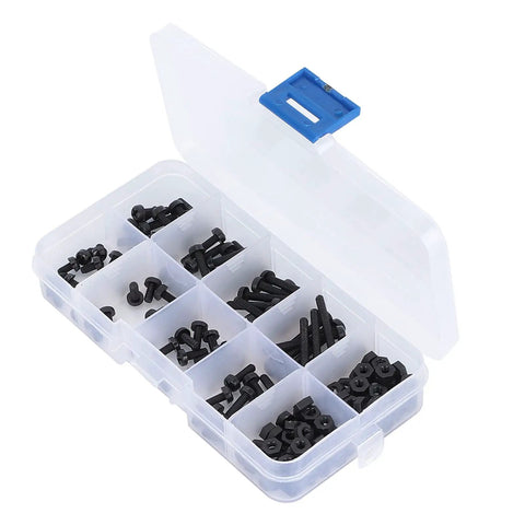 Heavy Duty 160 Piece M3 Nylon Fastener Kit With Non Conductive Hex Socket Screws Nuts And Washers in clear storage box.