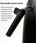 Pannarello steam wand on black espresso machine for frothing milk and dispensing hot water, part of Black Espresso Machine With 54 Oz Tank And Ceramic Burr Grinder Delivering Barista Level Brews At Home Featuring Smooth Pannarello Steam Wand And Programmable Temp Settings For Folks Who Just Want Real Deal Coffee Daily.