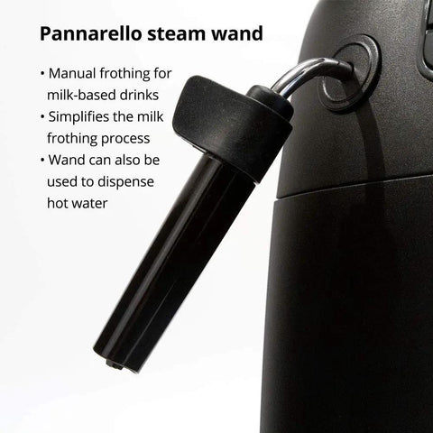 Pannarello steam wand on black espresso machine for frothing milk and dispensing hot water, part of Black Espresso Machine With 54 Oz Tank And Ceramic Burr Grinder Delivering Barista Level Brews At Home Featuring Smooth Pannarello Steam Wand And Programmable Temp Settings For Folks Who Just Want Real Deal Coffee Daily.
