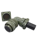Two-piece olive-green MIL-C-5015 24-28S circular connector set with panel-mount receptacle and right-angle plug.