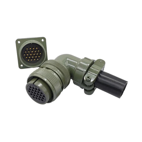 Two-piece olive-green MIL-C-5015 24-28S circular connector set with panel-mount receptacle and right-angle plug.