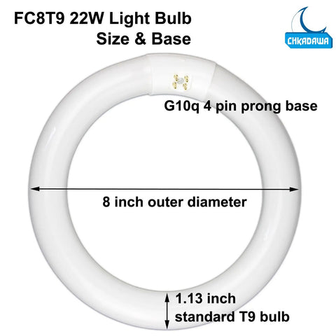Get Your Space Lit With 8 Inch Circular Fluorescent Bulbs 22W T9 Circline 1250 Lumen Daylight 6400K G10q 4 Pin Base Energy Saving Replacement Lamps 2 Pack, showing bulb specifications and dimensions