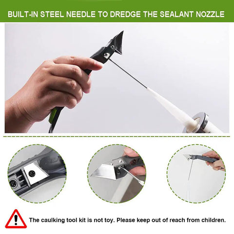 Five In One Caulk Remover Tool With Stainless Head For Silicone Sealant Removal And Grout Scraping, DIY Friendly Built In Cutter, Steel Needle, Triangular Scraper And Finishing Trowel For Bathroom Kitchen Window Sills