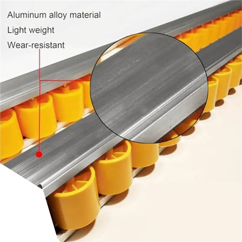 Heavy Duty Rail Conveyor Wheel Set For Pallets And Cargo, aluminum alloy flow rails, yellow skate wheels, close-up view