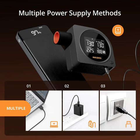 5G WiFi And Bluetooth BBQ Temperature Controller multiple power supply methods with USB and wall plug options shown