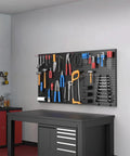 4 Pack Metal Pegboard Wall Panels For Garage Tool Storage And Organization, tools arranged on panel, wall mounted in garage.
